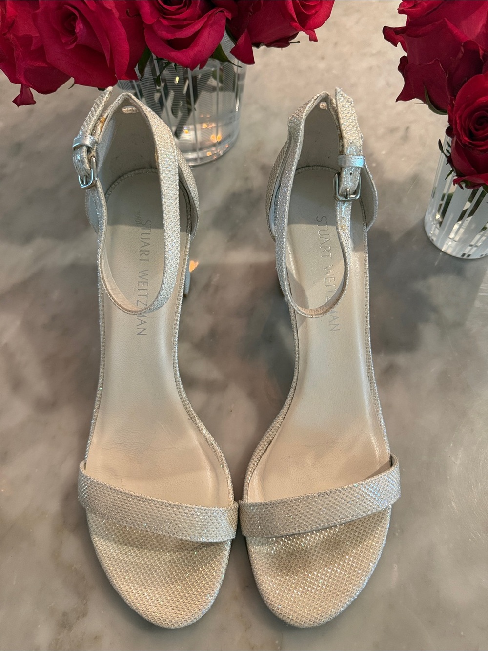 Stuart Weitzman Silver Sparkle Ankle-Strap Heels